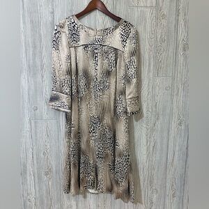 Tullo Silk Animal Print Straight Loose Fit Long Sleeve Lined Midi Dress SZ 40 L